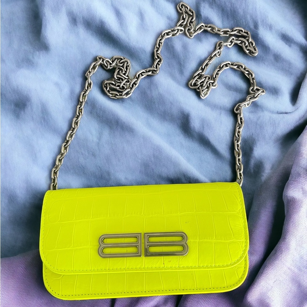 AUTHENTIC BALENCIAGA BB Chain Crocodile Leather Crossbody Bag Yellow